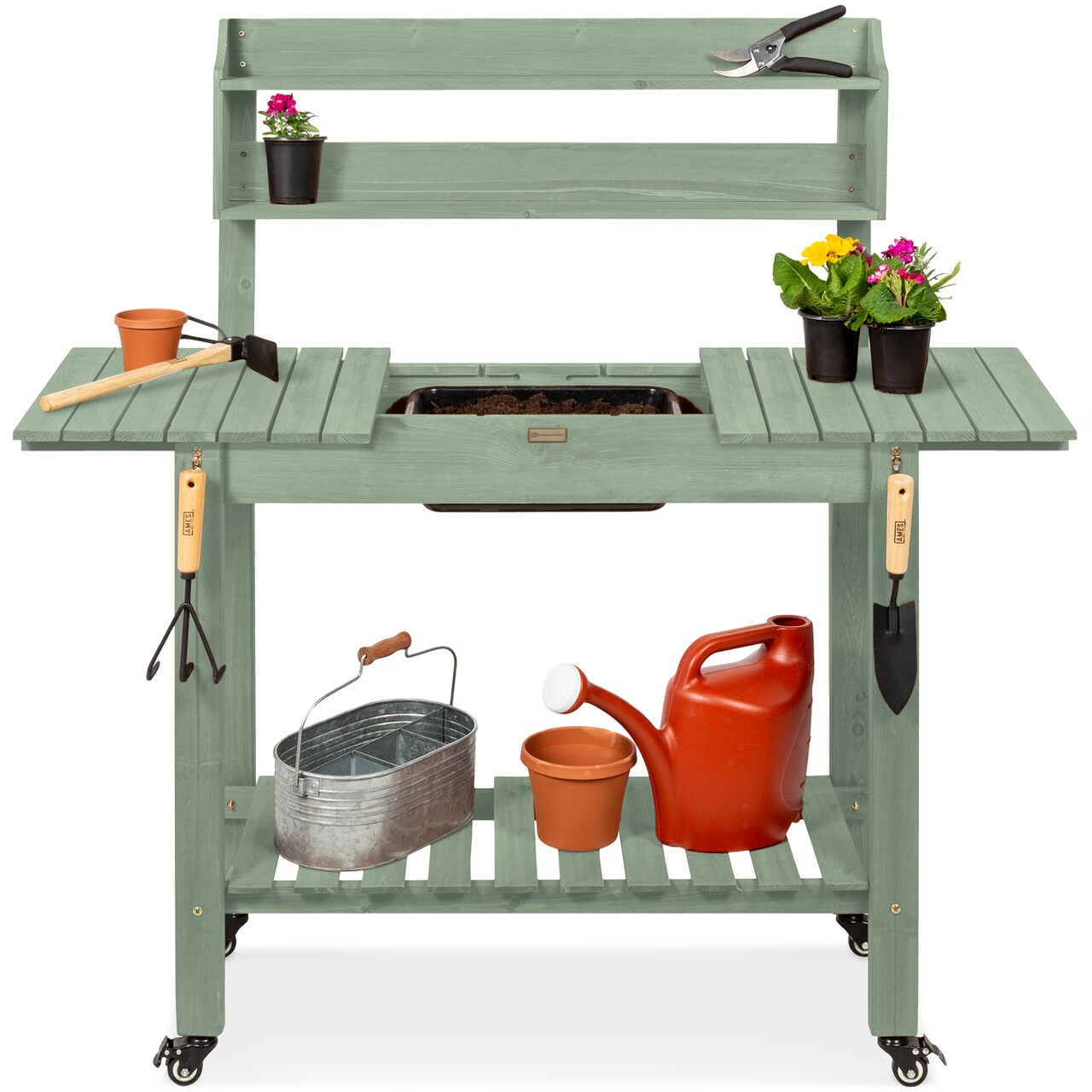 Best Choice Products Wood Garden Potting Bench Workstation, Sliding Tabletop, 4 Locking Wheels, Dry Sink